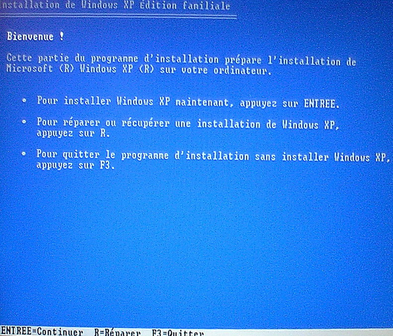 fenêtre d'installation, lors de la réparation de Windows XP, CLIQUEZ POUR AGRANDIR